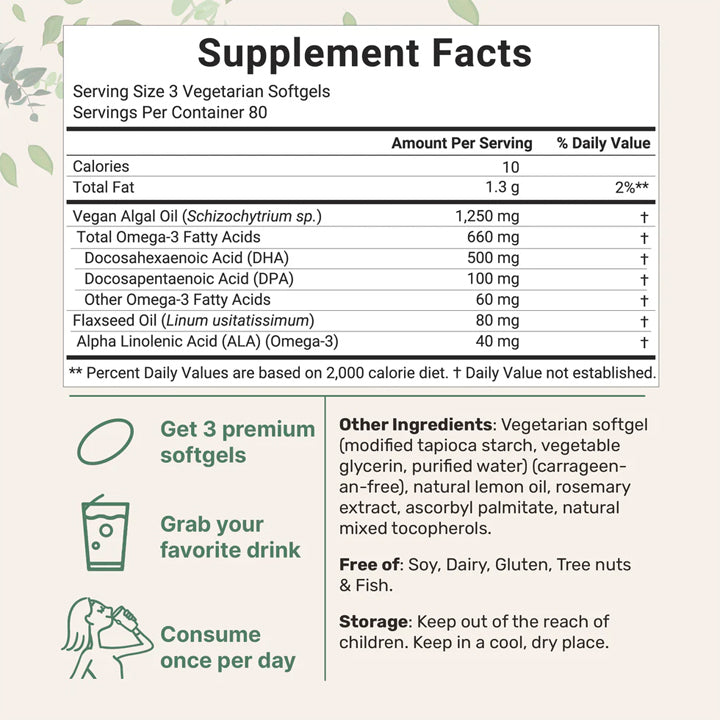 Omega-3 Vegano Aceite de Algas 1250mg 240 cápsulas blandas