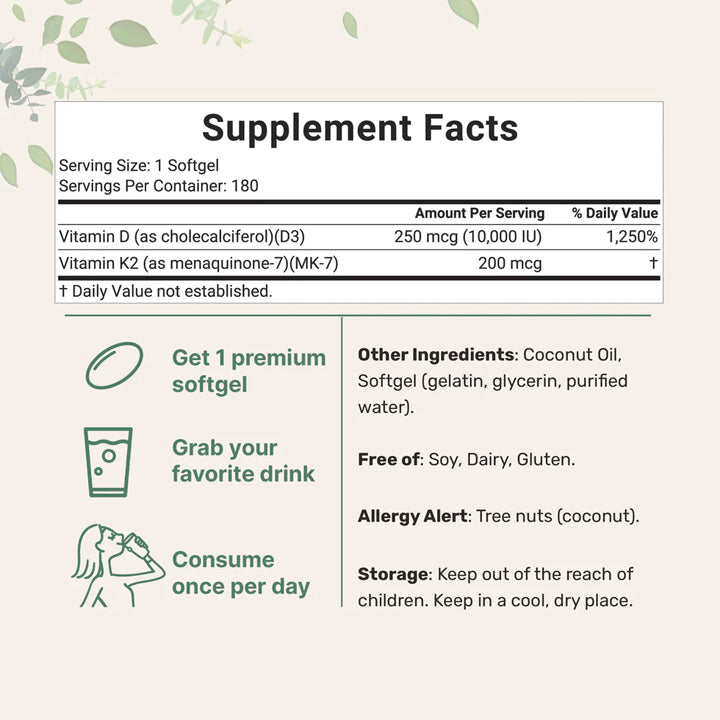 Vitamina D3 + K2 10,000UI / 200mcg 300 cápsulas blandas