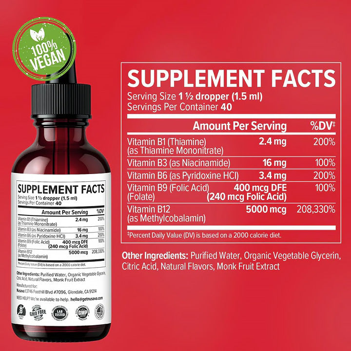 Vitamina B12 5000mcg + B6 + B1 Complejo Líquido 60ml Sin GMO