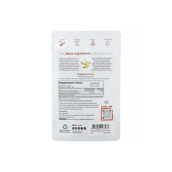 Vitamina D3 + K2 5,000UI / 100mcg 180 cápsulas blandas